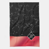 Monogram Elegant Black Marble & Rosé Red Folie Theedoek (Verticaal)