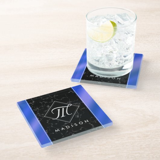 Monogram Elegant Black Marble & Royal Blue Folie Glazen Onderzetter (Schuin)