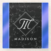 Monogram Elegant Black Marble & Royal Blue Folie Glazen Onderzetter (Voorkant)