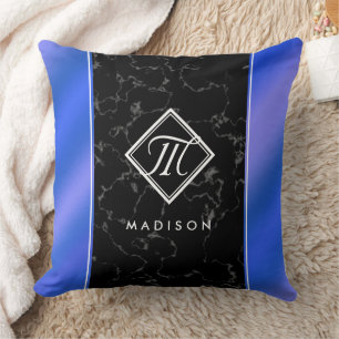 Monogram Elegant Black Marble & Royal Blue Folie Kussen