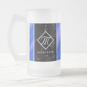 Monogram Elegant Black Marble & Royal Blue Folie Matglas Bierpul