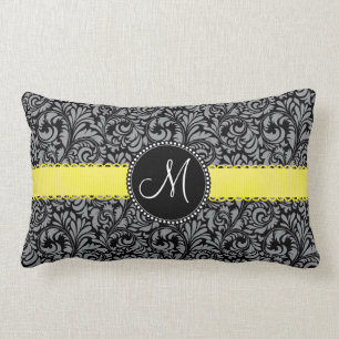 Monogram Elegant Black Silver Damask Yellow Ribbon Kussen