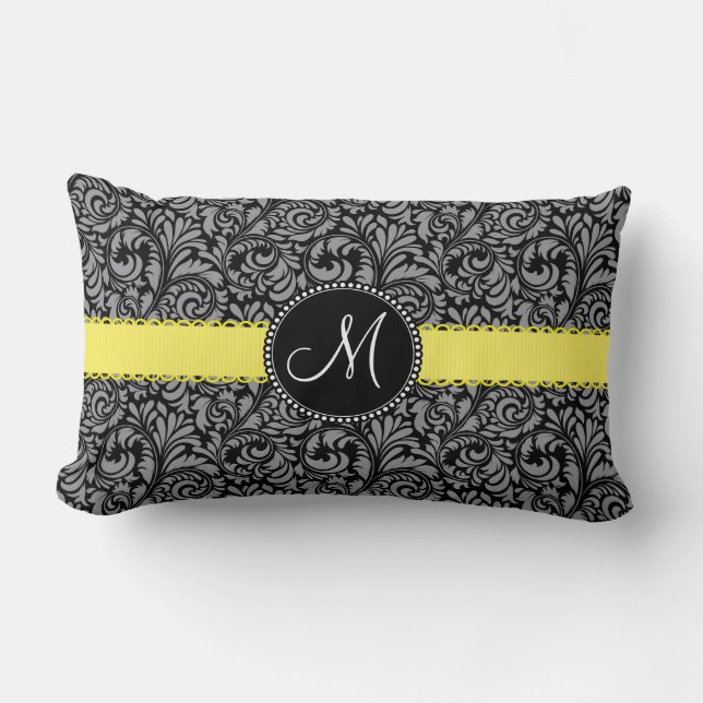 Monogram Elegant Black Silver Damask Yellow Ribbon Kussen (Voorkant)