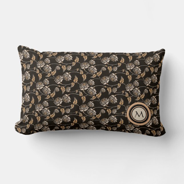 Monogram Elegant Black & Tan Floral Pattern Kussen (Voorkant)