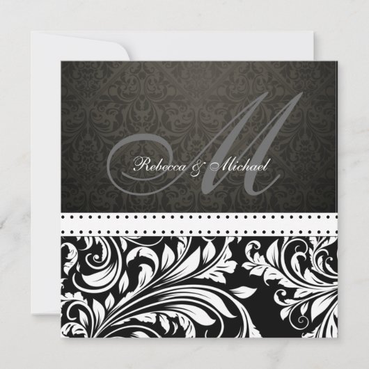 Monogram Elegant Black & White Damask Kaart (Voorkant)