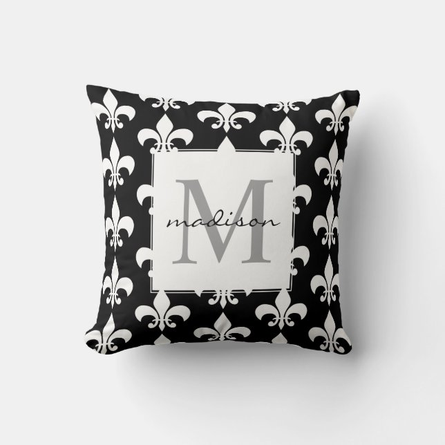 Monogram Elegant Black White Fleur de lis Pattern Kussen (Voorkant)