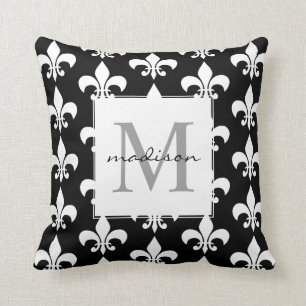 Monogram Elegant Black White Fleur de lis Pattern Kussen