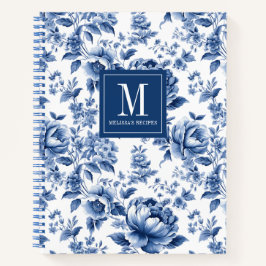 Monogram Elegant Blauw Bloemen Kookboek Recept Notitieboek