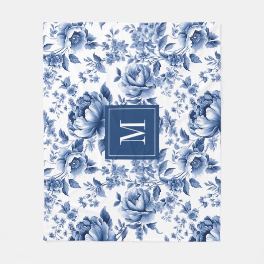 Monogram Elegant  Blauw Bloempatroon Fleece Deken (Voorkant)