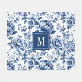 Monogram Elegant  Blauw Bloempatroon Fleece Deken