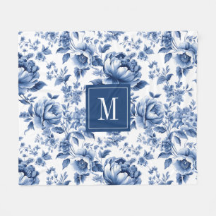 Monogram Elegant  Blauw Bloempatroon Fleece Deken