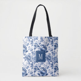 Monogram Elegant  Blauw Wit Bloempatroon Tote Bag