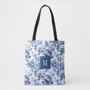 Monogram Elegant  Blauw Wit Bloempatroon Tote Bag