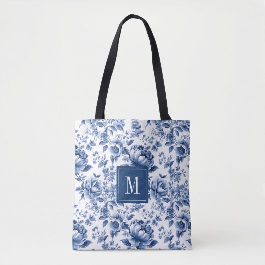 Monogram Elegant  Blauw Wit Bloempatroon Tote Bag (Voorkant)