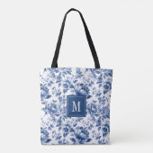Monogram Elegant  Blauw Wit Bloempatroon Tote Bag (Achterkant)