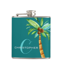 Monogram Elegant Blauwgroen Palm Groomsmen Heupfles