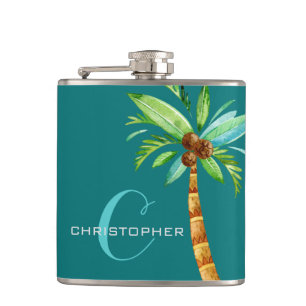 Monogram Elegant Blauwgroen Palm Groomsmen Heupfles