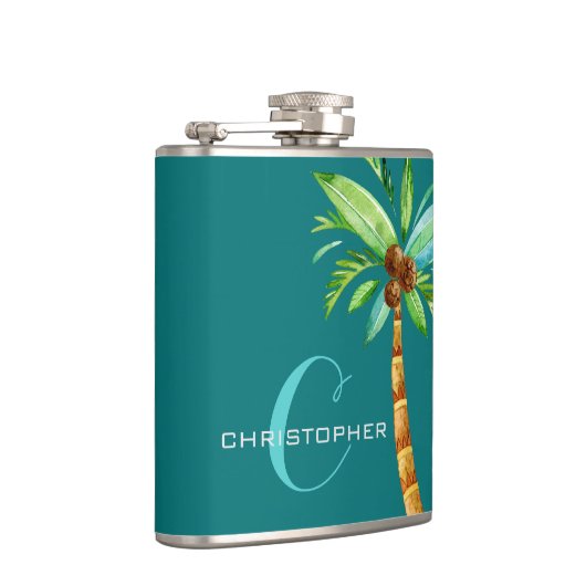 Monogram Elegant Blauwgroen Palm Groomsmen Heupfles (Rechts)