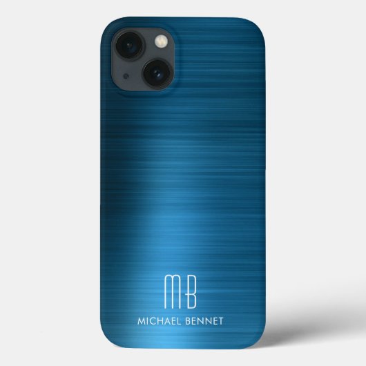 Monogram Elegant Blue Brushed Metal Case-Mate iPhone Case (Achterkant)