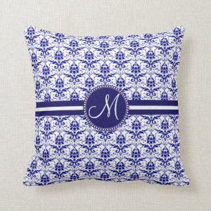 Monogram Elegant Blue en White Damask Pattern Kussen