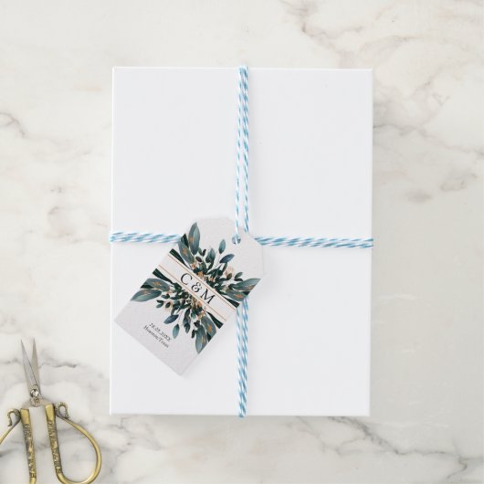 Monogram Elegant Blue Gold (imitat) Botanisch Cadeaulabel (Met Touw)