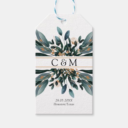 Monogram Elegant Blue Gold (imitat) Botanisch Cadeaulabel (Voorkant)