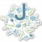 Monogram Elegant Blue Green Waterverf Flowers Sticker (Voorkant)