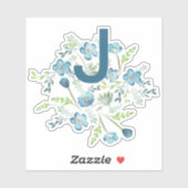 Monogram Elegant Blue Green Waterverf Flowers Sticker (Vel)