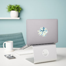 Monogram Elegant Blue Green Waterverf Flowers Sticker