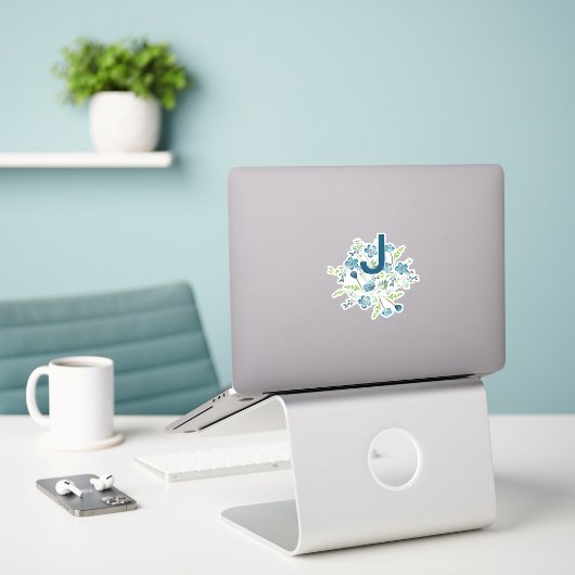 Monogram Elegant Blue Green Waterverf Flowers Sticker