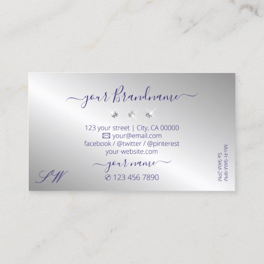 Monogram Elegant Blue Silver Sparging Diamonds Visitekaartje (Achterkant)