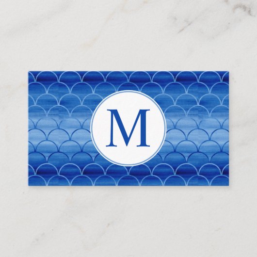 Monogram Elegant Blue Waterverf Fan Shape Pattern Visitekaartje (Voorkant)