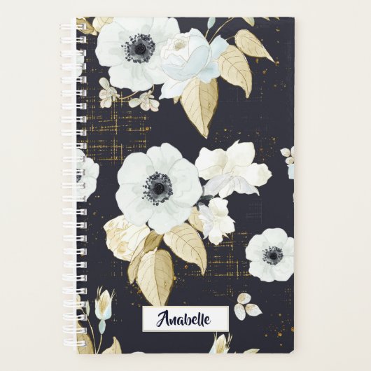 Monogram Elegant Blue & White Floral Pattern Planner (Voorkant)