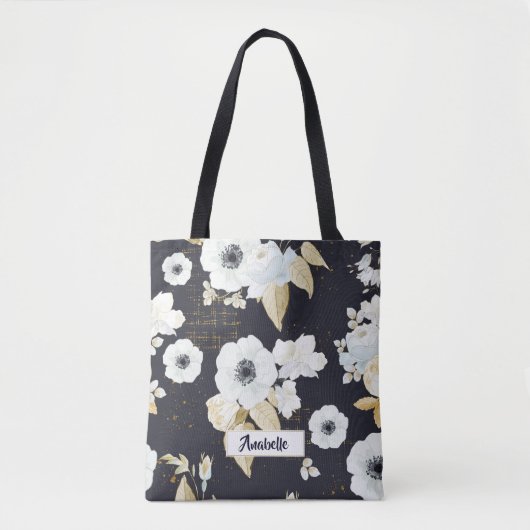 Monogram Elegant Blue & White Floral Pattern Tote Bag (Voorkant)