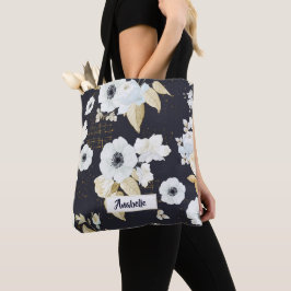 Monogram Elegant Blue & White Floral Pattern Tote Bag