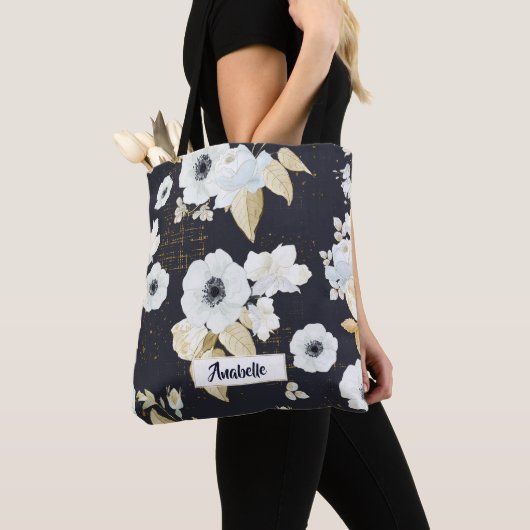 Monogram Elegant Blue & White Floral Pattern Tote Bag (Dichtbij)