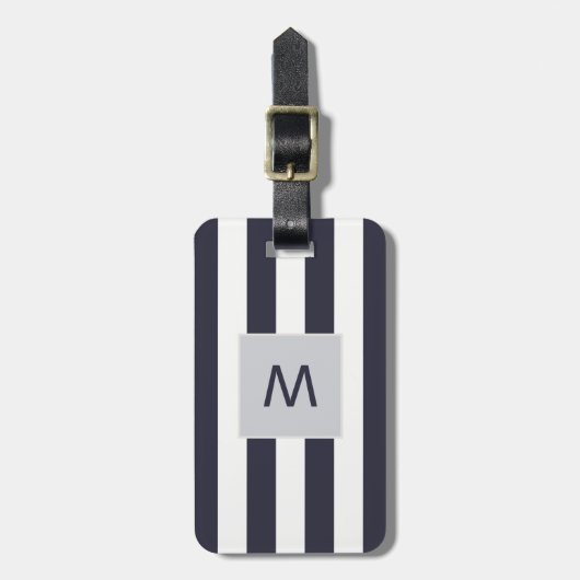 Monogram Elegant Blue White Stripes Bagagelabel (Voorkant verticaal)