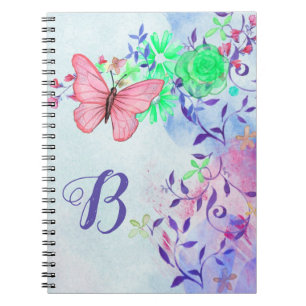 Monogram Elegant Blush Pink Butterfly Floral Notitieboek