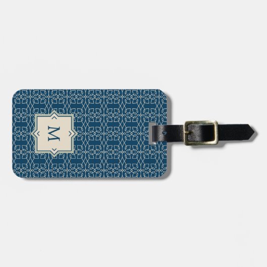Monogram | Elegant Blush Pink Pattern on Blue Bagagelabel (Voorkant horizontaal)