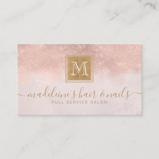 Monogram Elegant Blush Roos Gold Glitter Salon Visitekaartje (Voorkant)