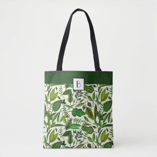 Monogram Elegant Botanical Green Leaves Pattern Tote Bag (Voorkant)
