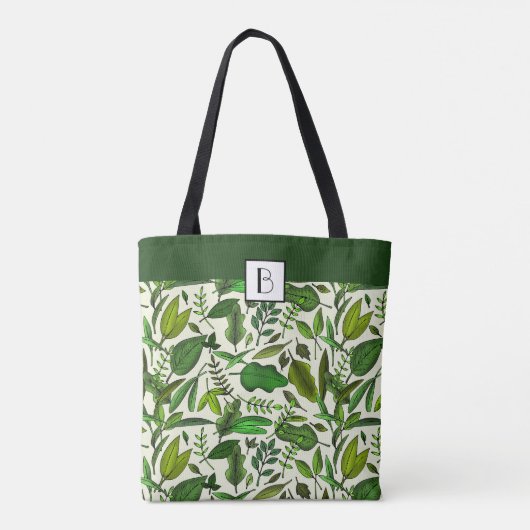 Monogram Elegant Botanical Green Leaves Pattern Tote Bag (Achterkant)