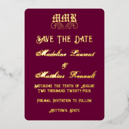 Monogram Elegant Bourgogne & Goud Save the Date Folie Uitnodiging