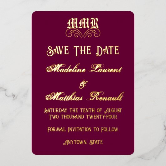 Monogram Elegant Bourgogne & Goud Save the Date Folie Uitnodiging (Voorkant)