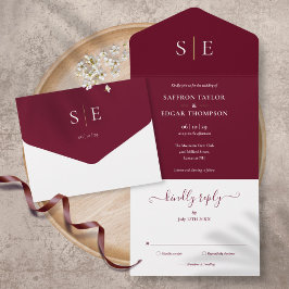 Monogram Elegant Bourgondië en Goud Bruiloft All In One Uitnodiging