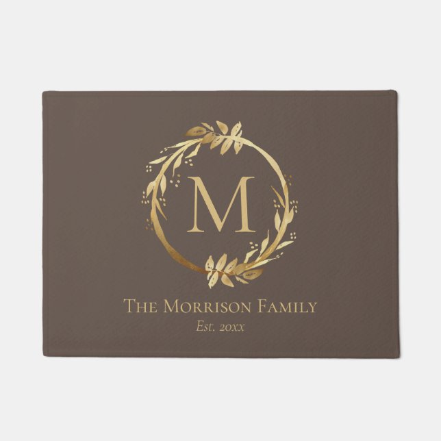 Monogram Elegant Brown & Gold Wreatname Familienaa Deurmat (Voorkant)