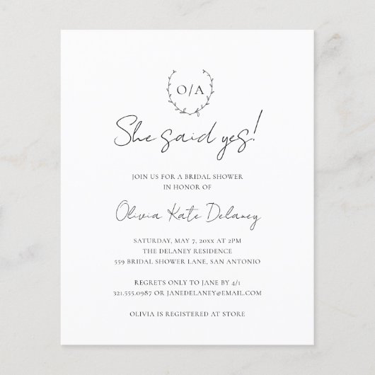 Monogram Elegant Budget Bridal Shower Uitnodiging Flyer (Voorkant)