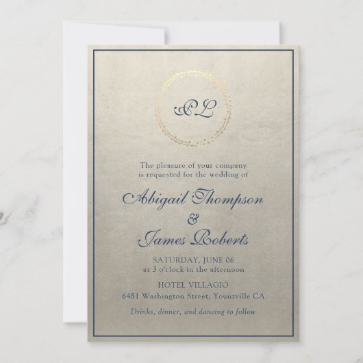 Monogram Elegant Champagne en Navy Blue Wedding Kaart (Voorkant)