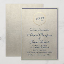 Monogram Elegant Champagne en Navy Blue Wedding Kaart
