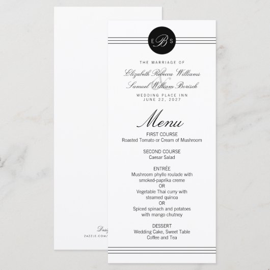 Monogram Elegant Chic Black Dot Clean Wedding Menu (Voorkant / Achterkant)